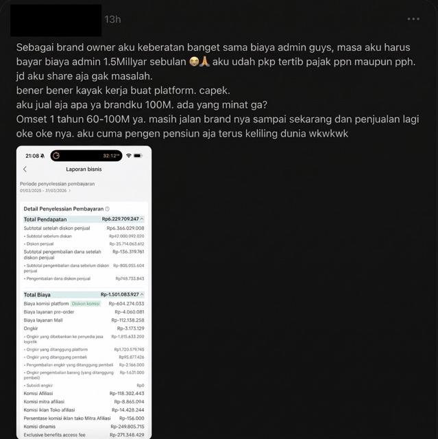 Tangkapan layar laporan bisnis seller yang menunjukkan potongan biaya admin marketplace mencapai 1,5 miliar rupiah