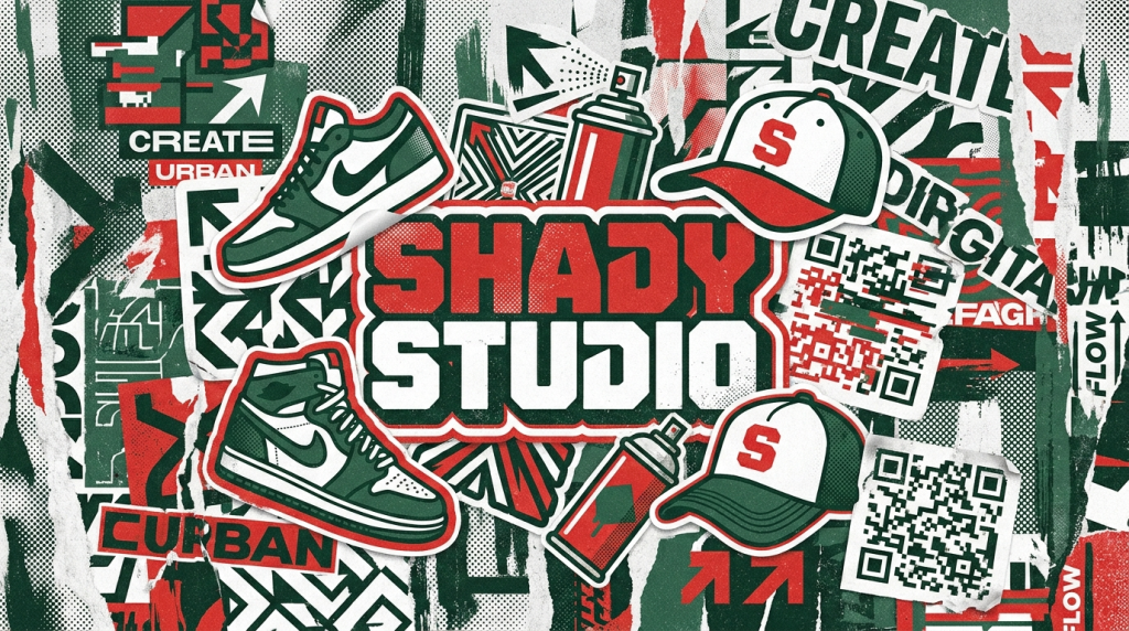 a high quality artsy modern hero illustration for shady studio. the composition